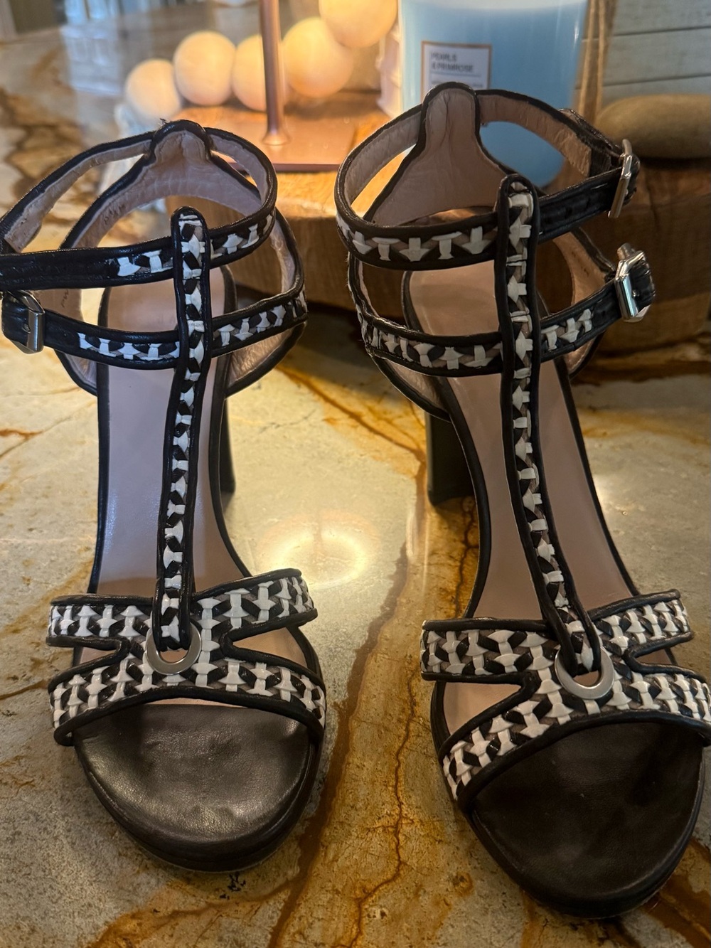 Stuart Weitzman Black and White T-Strap Block Heel Sandals